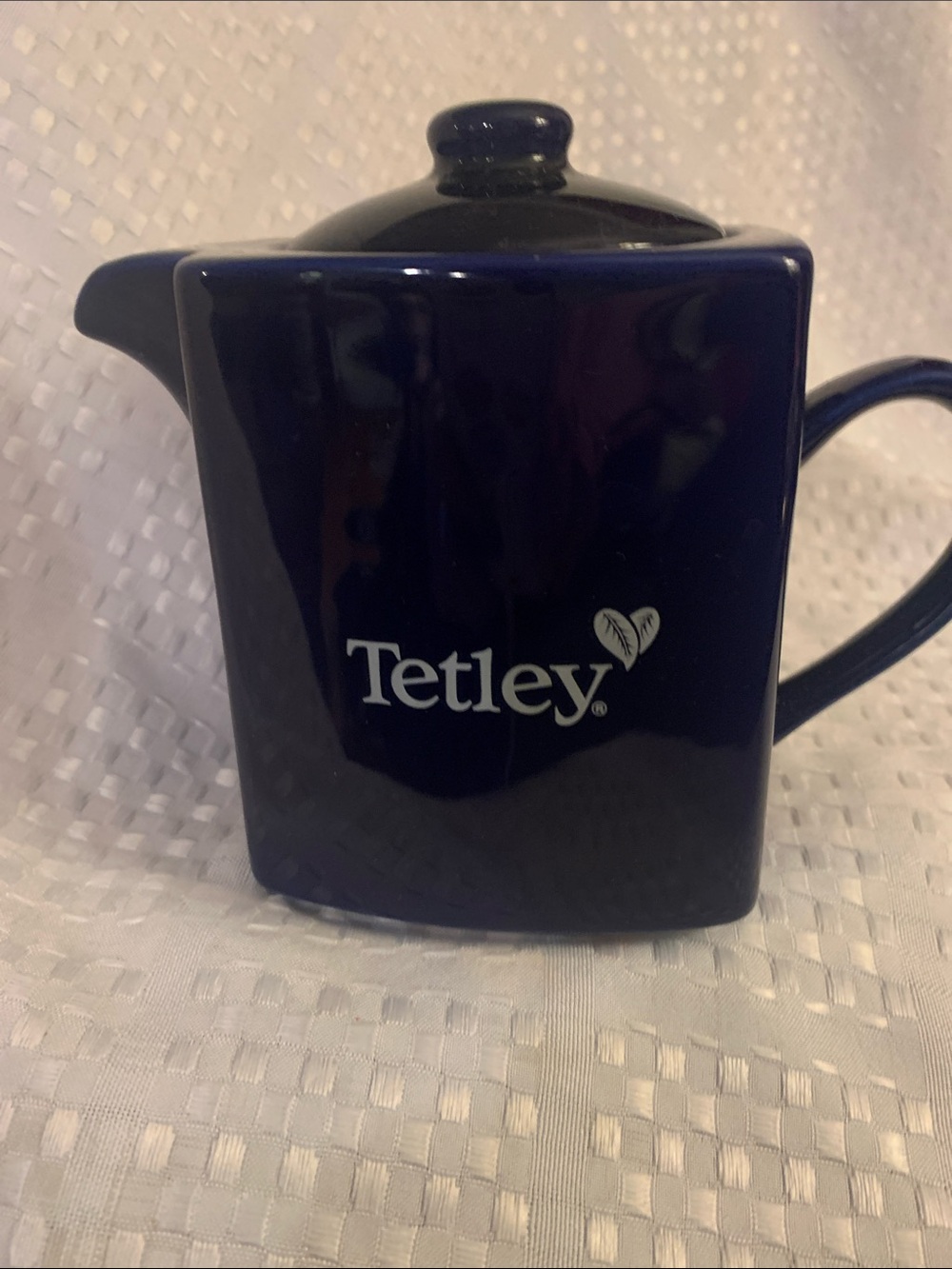 Tetley vintage collectable square cobalt blue teapot, 4.5 inches tall.